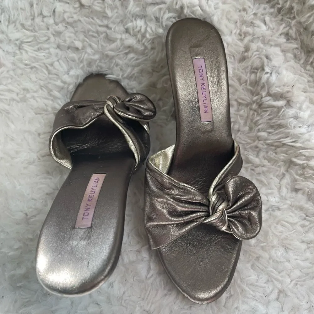 Tony Keuylian leather metallic Bronze and Gold slip on  heels sandals EUR SZ38